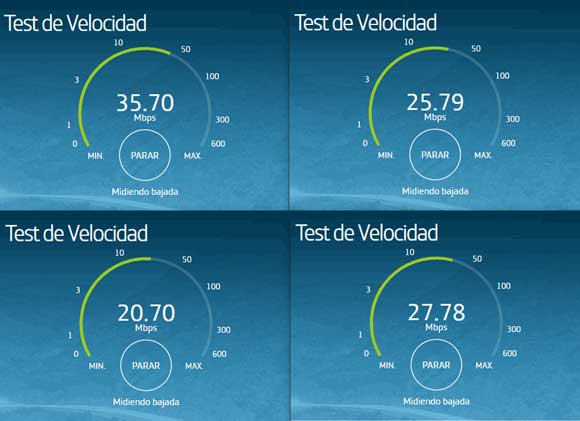 Cuatro test de velocidad de internet a la vez.
